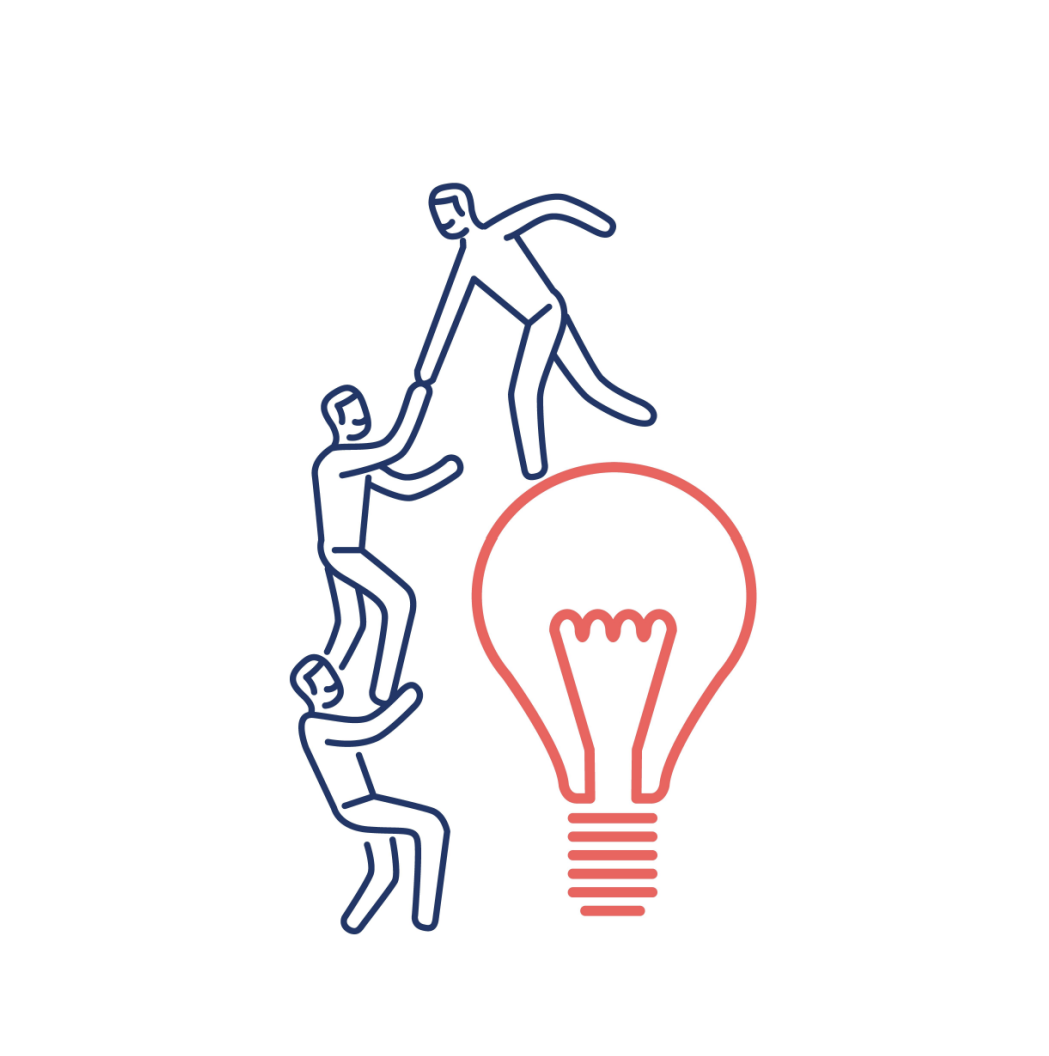 The image shows 3 blue stick figures climbing a red light bulb. The image is basically reiterating team work, collaboration, and thus, success.
